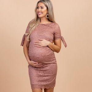 Mauve lace overlay tie sleeve dress